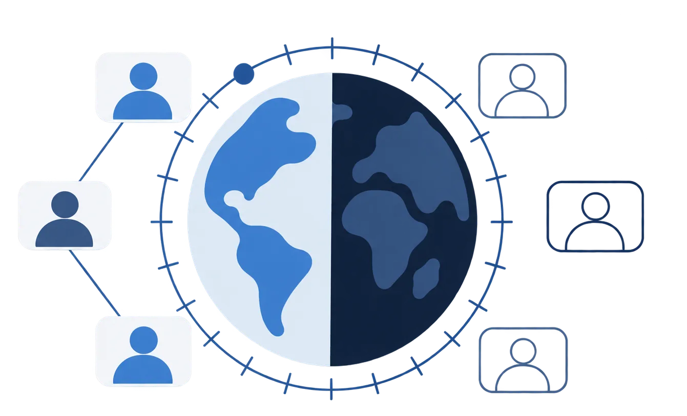 A globe split by a day-and-night line: the daylit half is ringed by filled video tiles of people who are awake, the dark half by empty outlined tiles