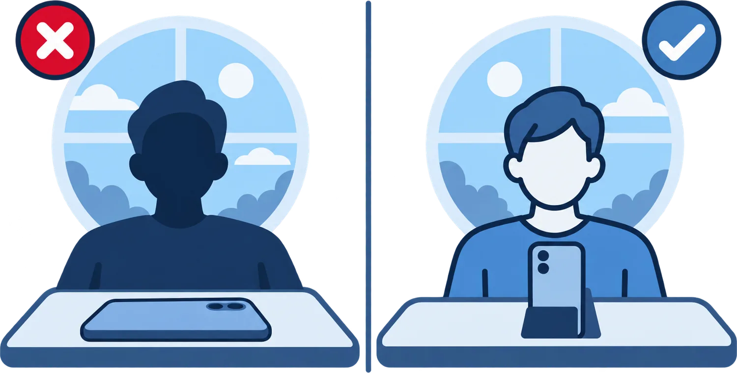 Two setups compared: on the left a person backlit by a window is a dark silhouette with the phone flat on the desk; on the right the same person faces the window with a lit face and the phone propped upright