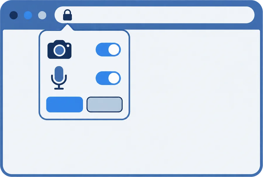 A browser permission panel dropping from the padlock in the address bar, with camera and microphone both switched on